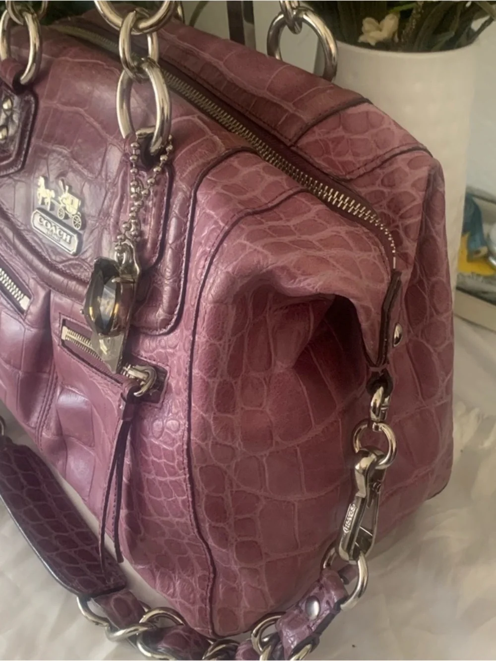 RARE HTF Coach Mauve/Purple  Madison Audrey Croc-Embossed Leather Satchel